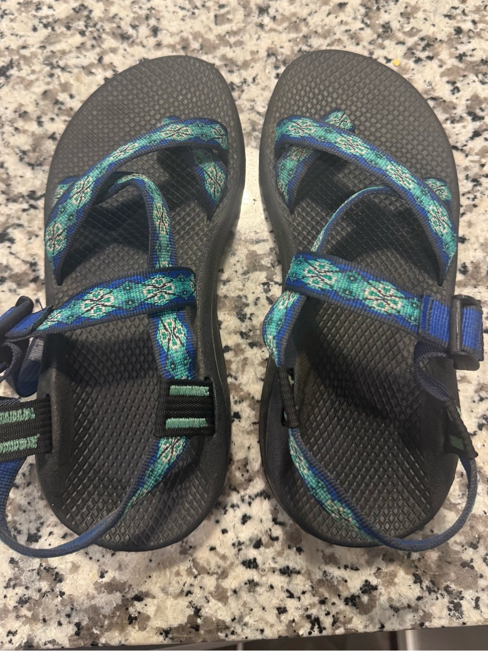 Chaco Women's Black Sandals with Teal & Blue Patterned Straps